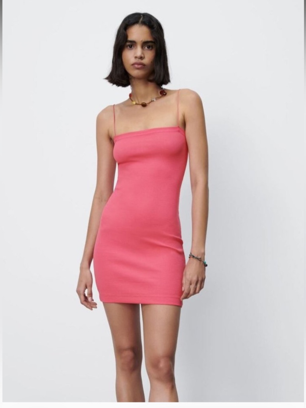 Zara Hot Pink Slim-Fit Ribbed Midi Dress with tiny straps